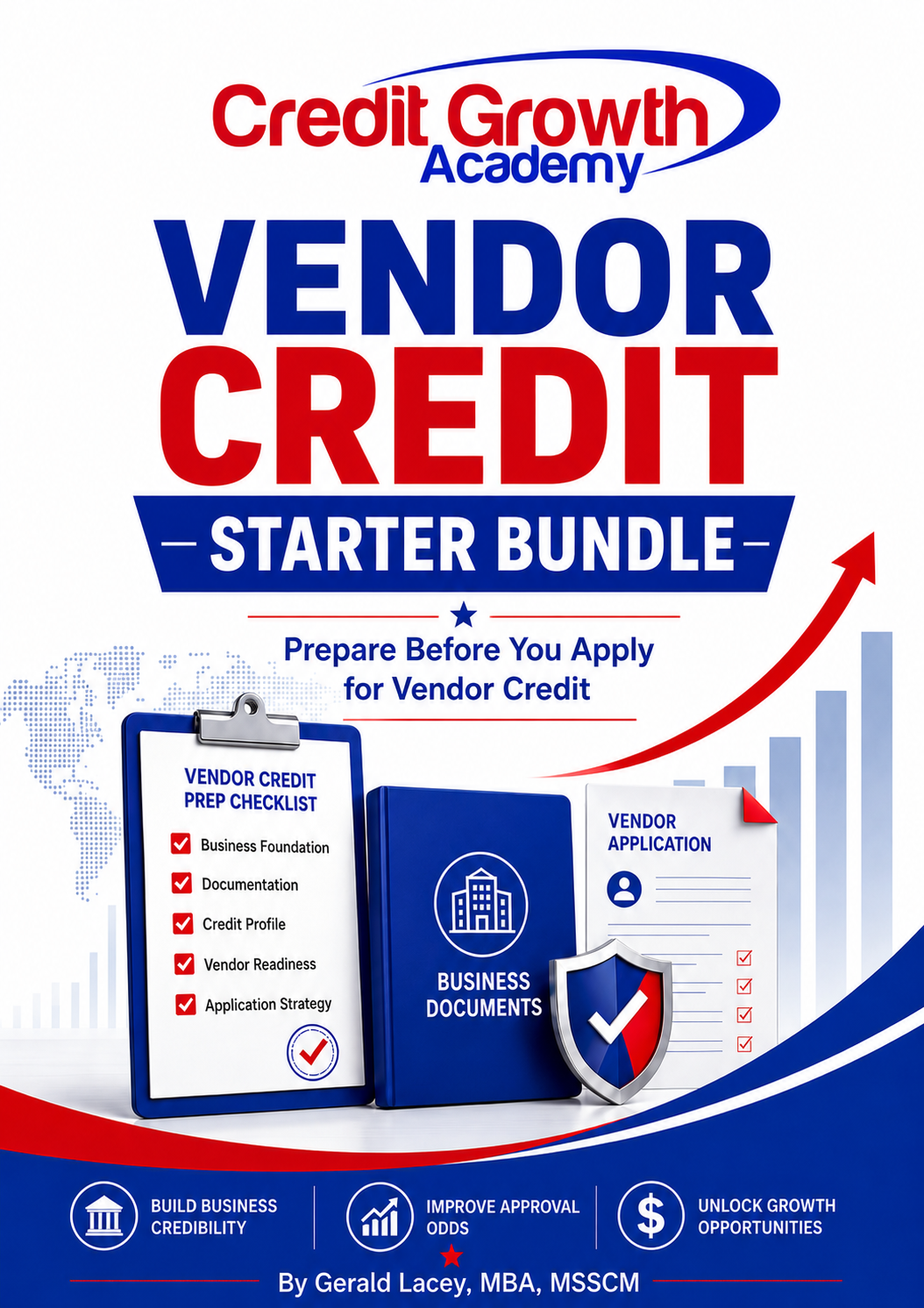 Vendor Credit Starter Bundle ebook cover by Credit Growth Academy with checklist, business documents, vendor application, and cash flow growth graphics.