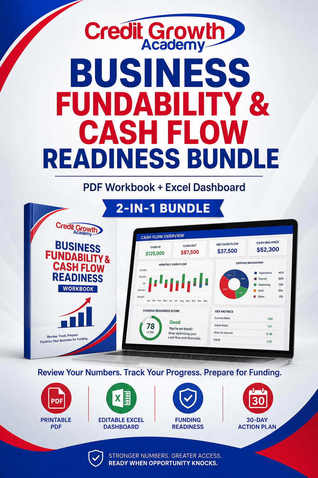 Business Fundability and Cash Flow Readiness Bundle by Credit Growth Academy featuring a printable PDF workbook and editable Excel dashboard for cash flow tracking, fundability readiness, and 30-day action planning.