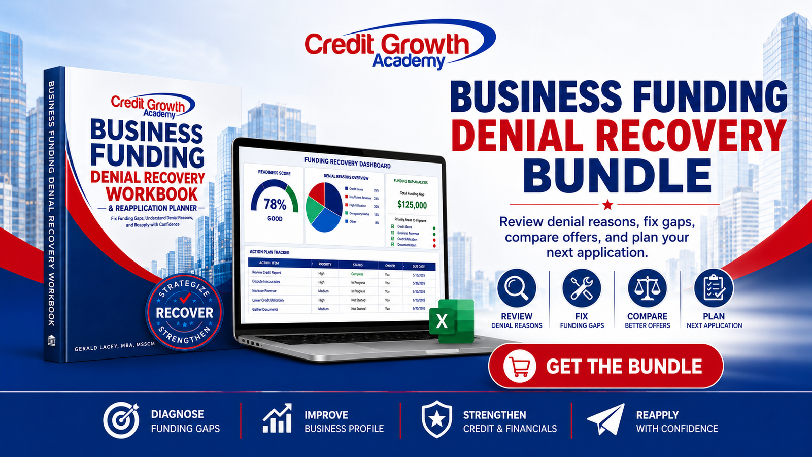 Business Funding Denial Recovery Bundle showing a CGA workbook, Excel tracker dashboard, and tools to review denial reasons, fix gaps, compare offers, and plan a reapplication.