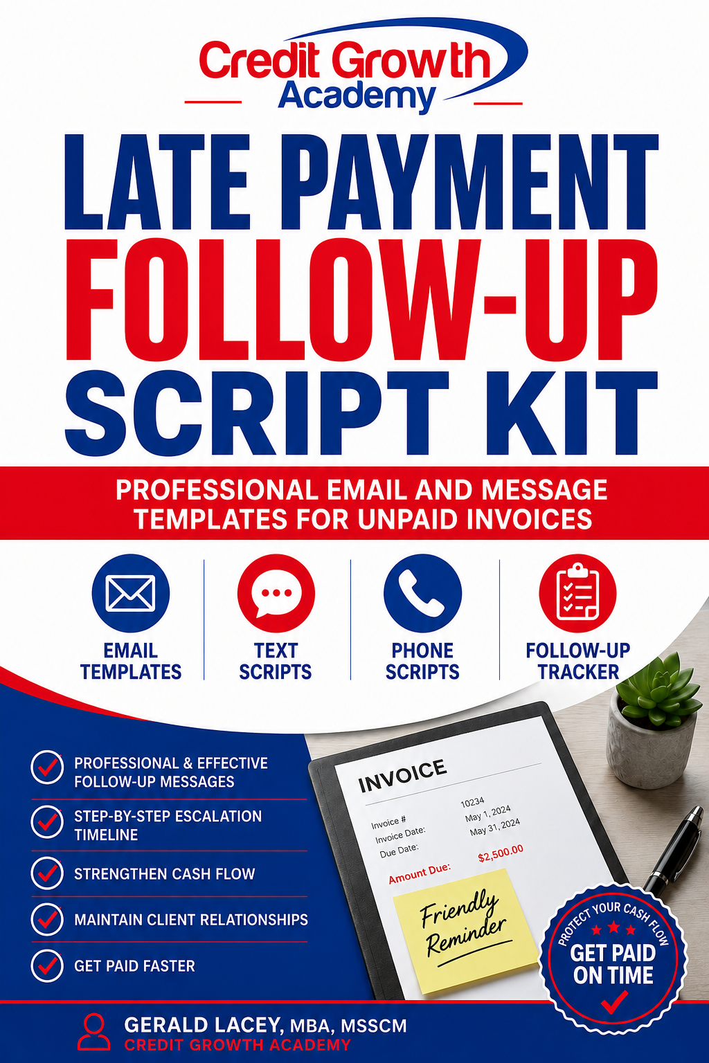 Late Payment Follow-Up Script Kit by Credit Growth Academy with professional email, text, phone, and invoice tracking tools