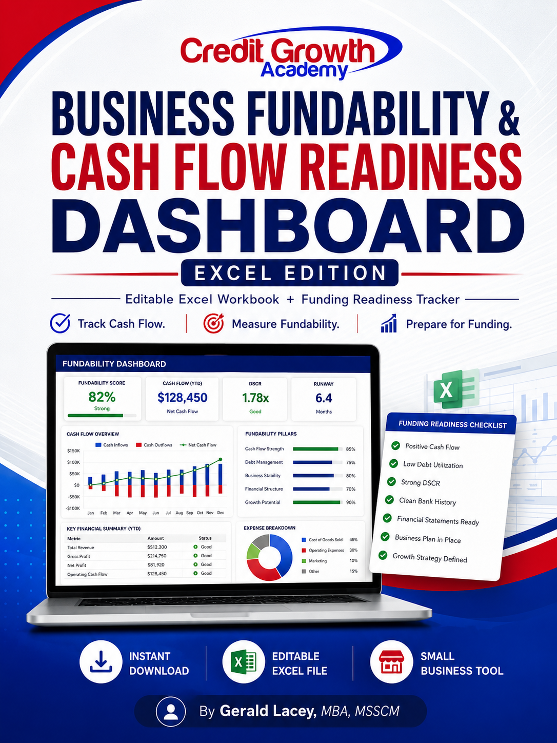 Business Fundability and Cash Flow Readiness Dashboard Excel Edition by Credit Growth Academy with editable cash flow tracking, fundability scoring, and funding readiness tools.