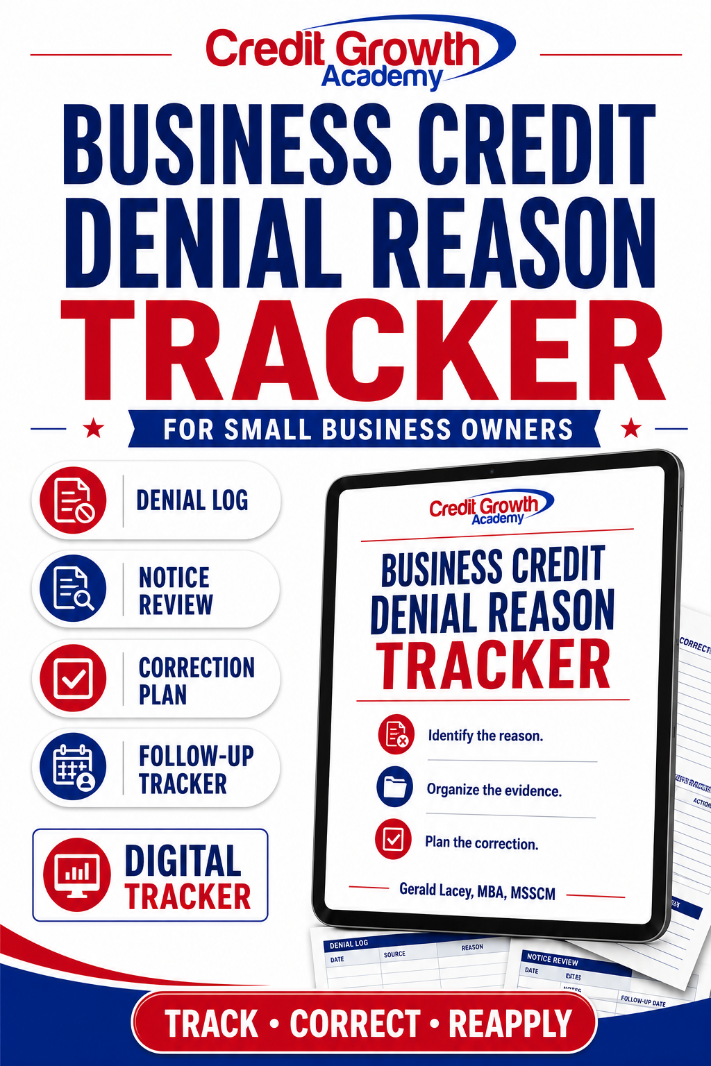 Business Credit Denial Reason Tracker PDF workbook and Excel dashboard for small business owners