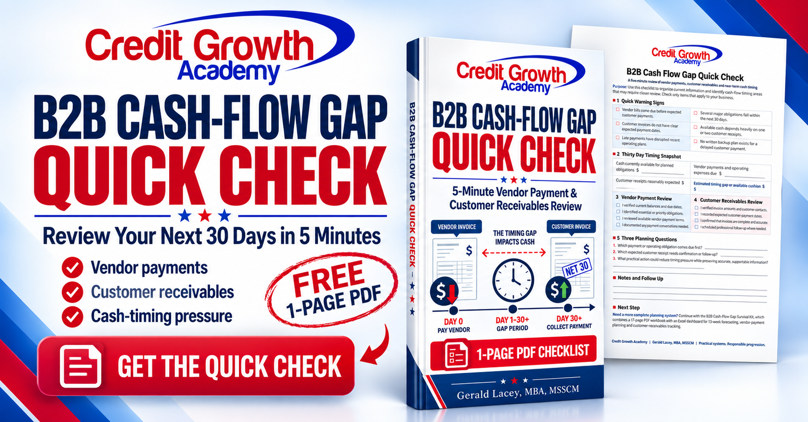 B2B Cash-Flow Gap Quick Check with a one-page PDF checklist for reviewing vendor payments, customer receivables and cash-timing pressure.