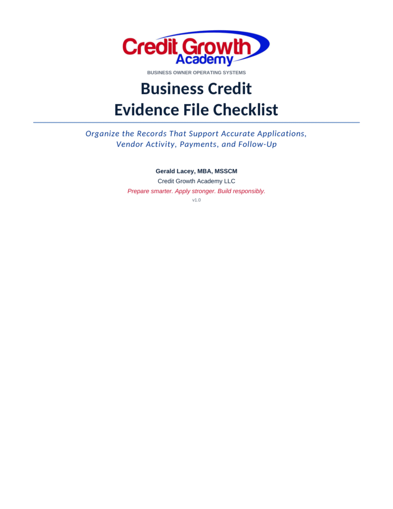 Business Credit Evidence File Checklist v1.0 cover with CGA branding and Gerald Lacey’s author credit.