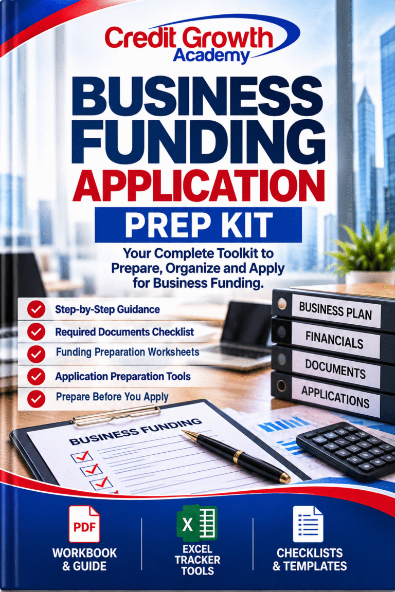Business Funding Application Prep Kit cover with binders, a planning worksheet and PDF and Excel format symbols.