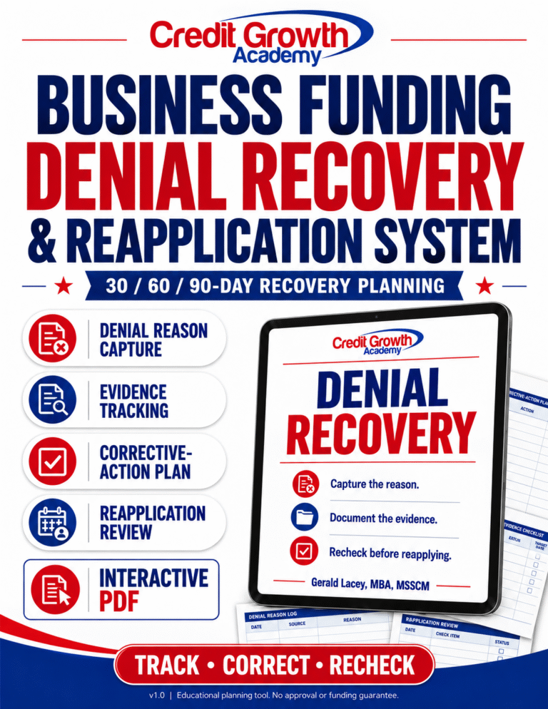 Business Funding Denial Recovery and Reapplication System cover showing a tablet, evidence tracking and corrective-action planning.